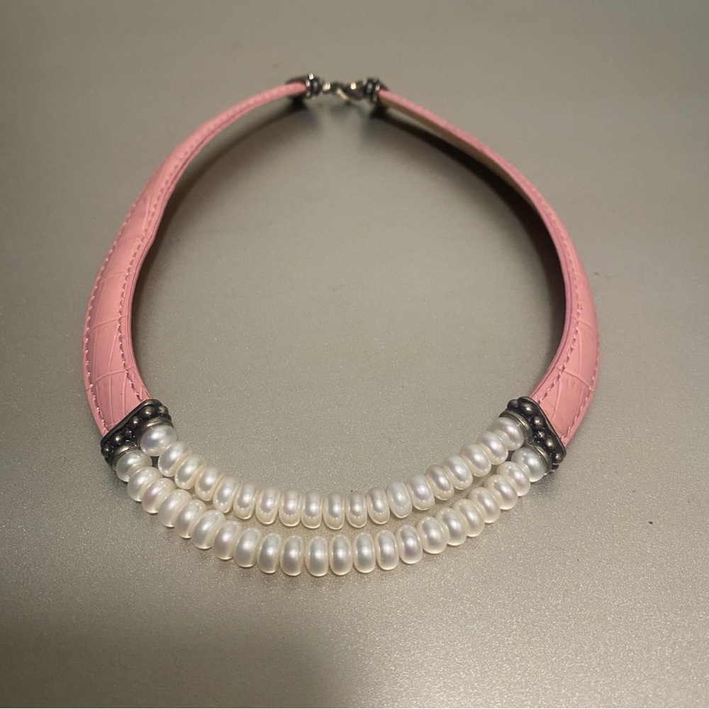 NWOT Honora 925 Sterling Silver Pink Genuine Leather Pearl Chocker Necklace - Picture 5 of 9